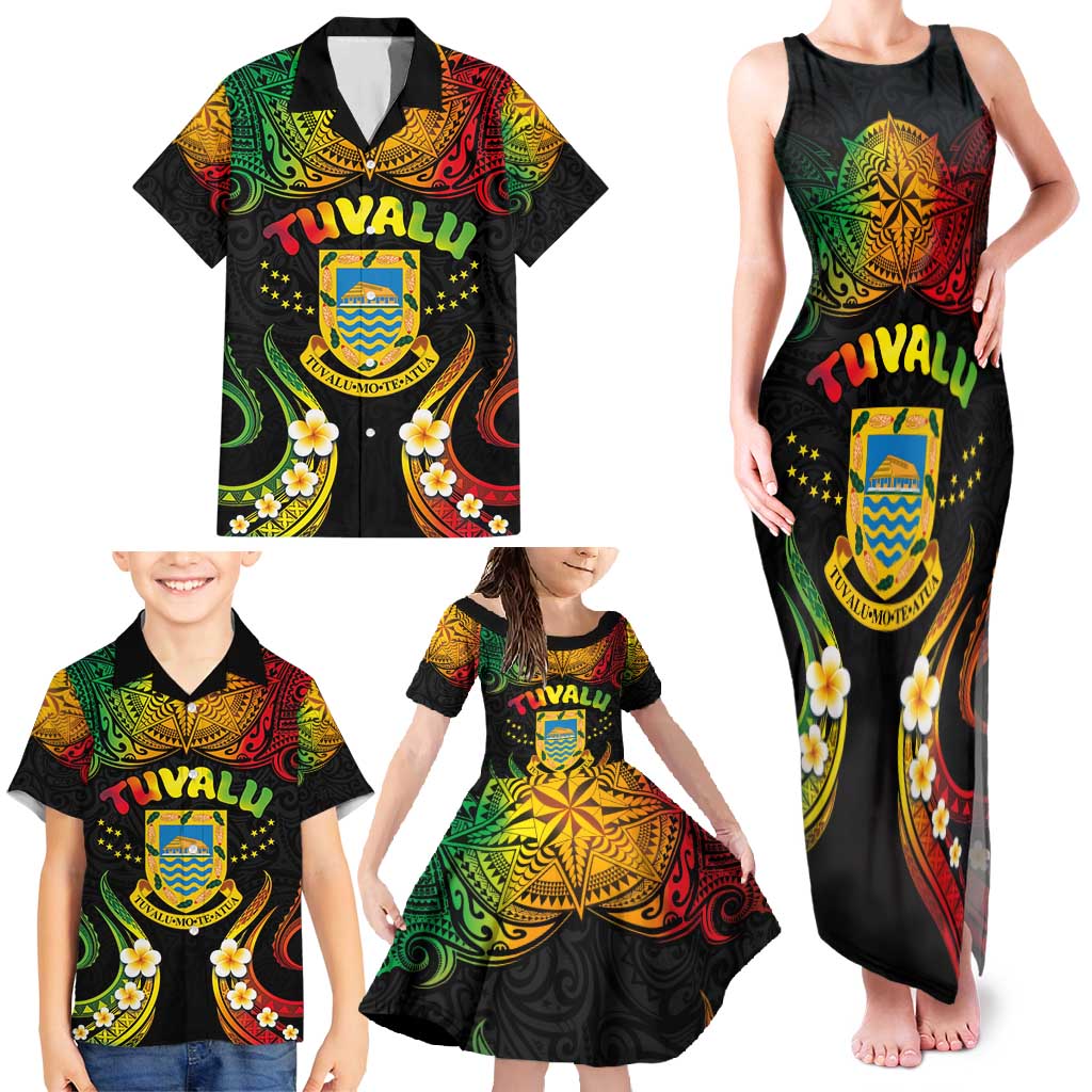 Personalised Tuvalu Independence Day Family Matching Tank Maxi Dress and Hawaiian Shirt Polynesian Tattoo and Plumeria Reggae Color