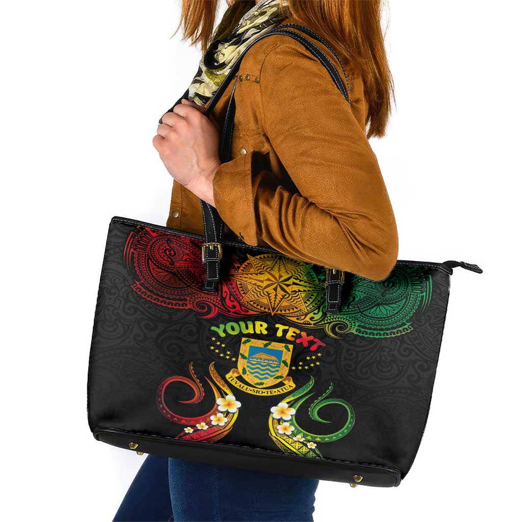 Personalised Tuvalu Independence Day Leather Tote Bag Polynesian Tattoo and Plumeria Reggae Color