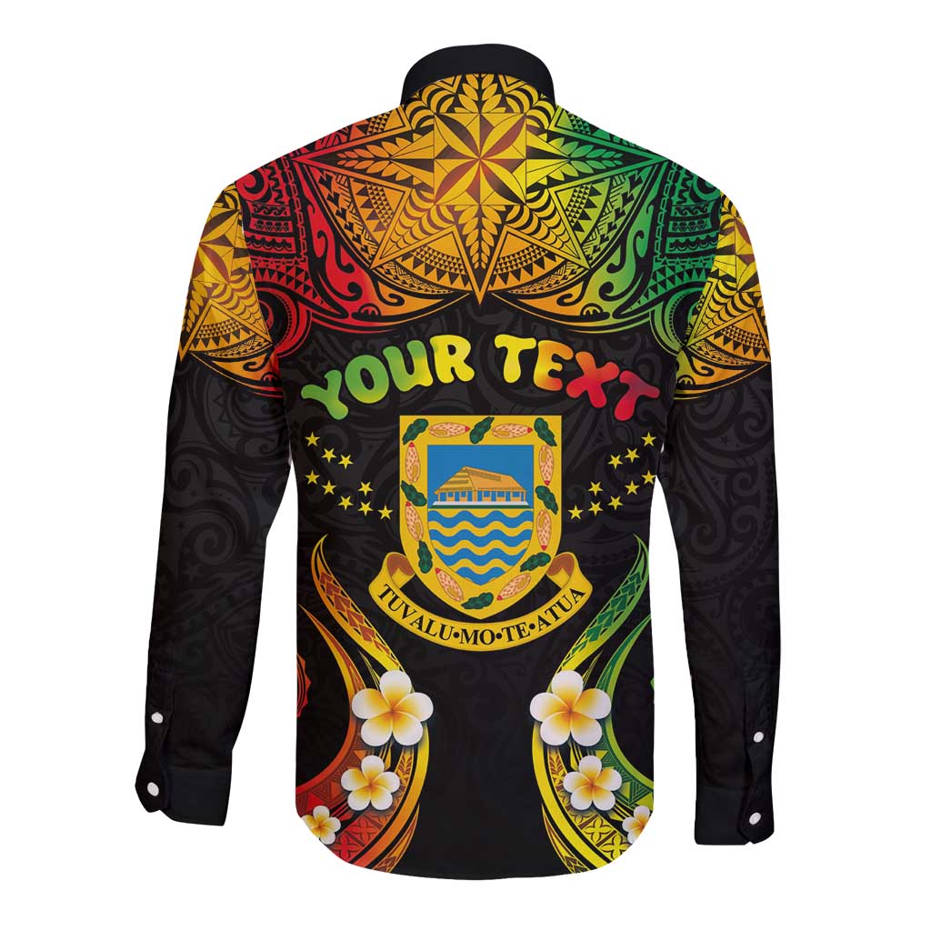 Personalised Tuvalu Independence Day Long Sleeve Button Shirt Polynesian Tattoo and Plumeria Reggae Color