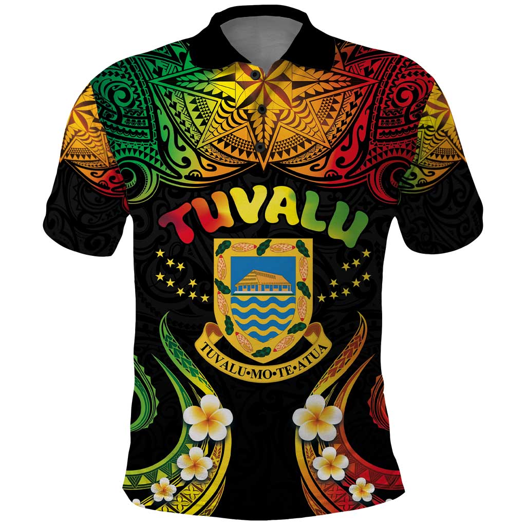 Personalised Tuvalu Independence Day Polo Shirt Polynesian Tattoo and Plumeria Reggae Color