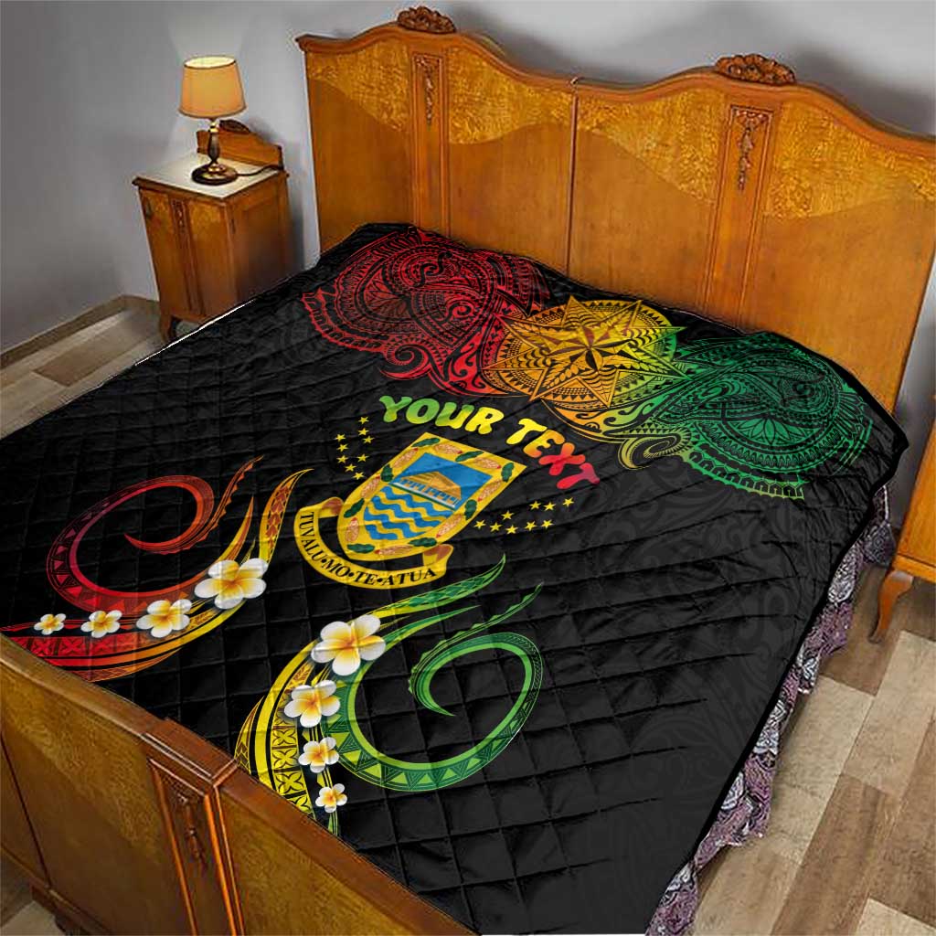 Personalised Tuvalu Independence Day Quilt Polynesian Tattoo and Plumeria Reggae Color