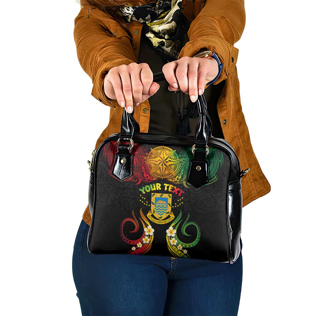 Personalised Tuvalu Independence Day Shoulder Handbag Polynesian Tattoo and Plumeria Reggae Color