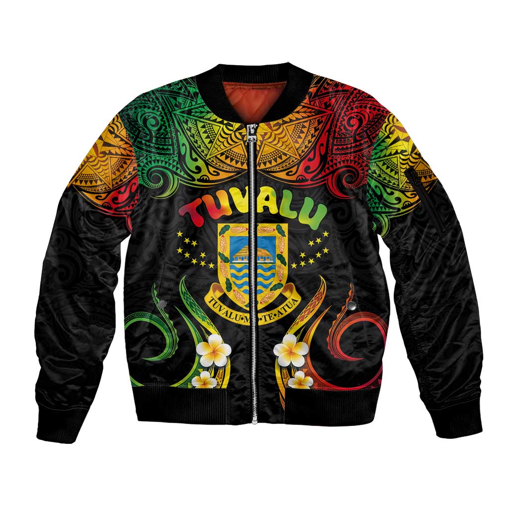 Personalised Tuvalu Independence Day Sleeve Zip Bomber Jacket Polynesian Tattoo and Plumeria Reggae Color