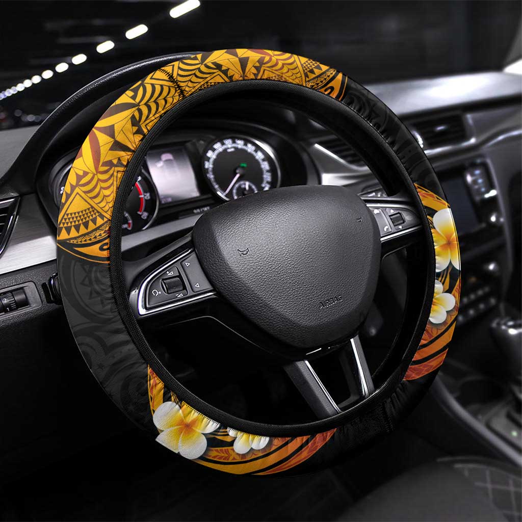 Tuvalu Independence Day Steering Wheel Cover Polynesian Tattoo and Plumeria Reggae Color