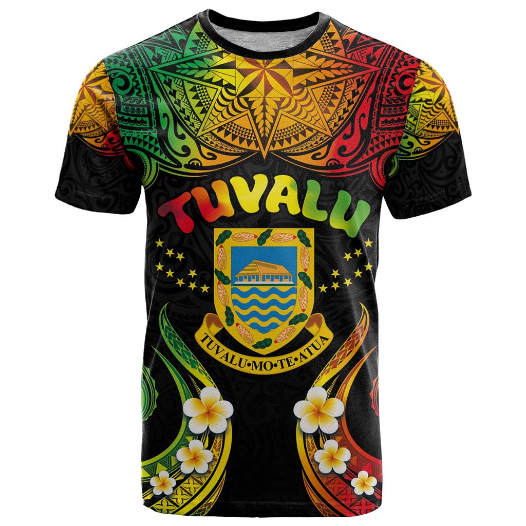 Personalised Tuvalu Independence Day T Shirt Polynesian Tattoo and Plumeria Reggae Color