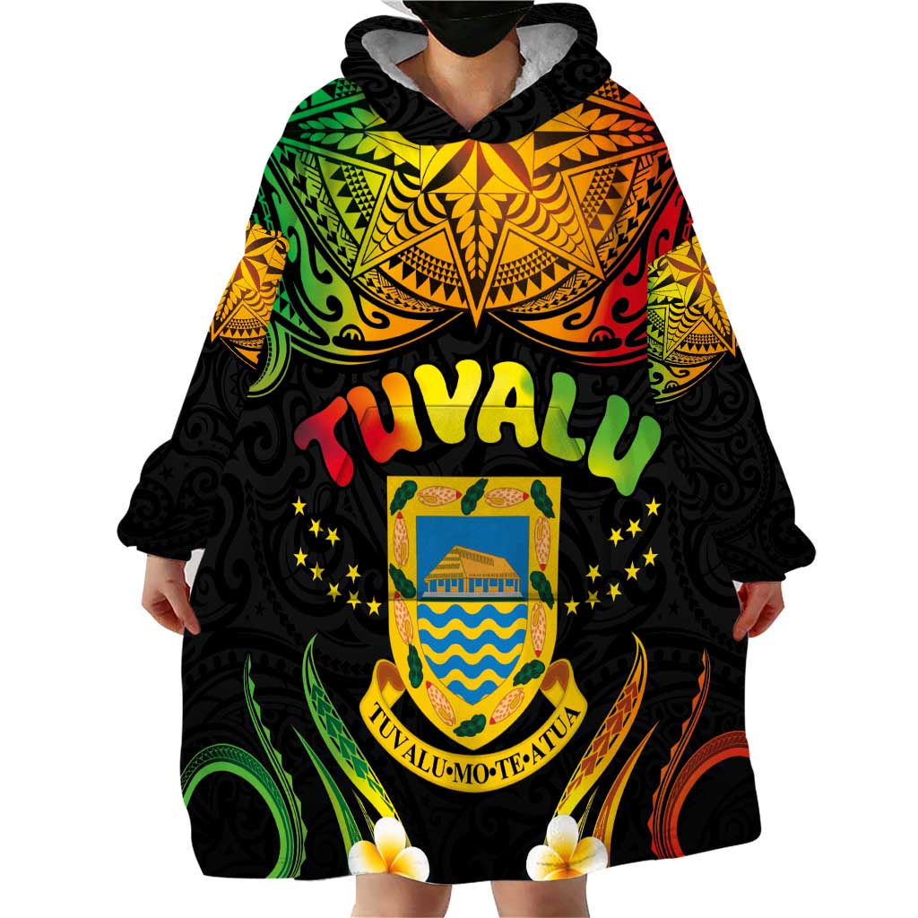 Personalised Tuvalu Independence Day Wearable Blanket Hoodie Polynesian Tattoo and Plumeria Reggae Color