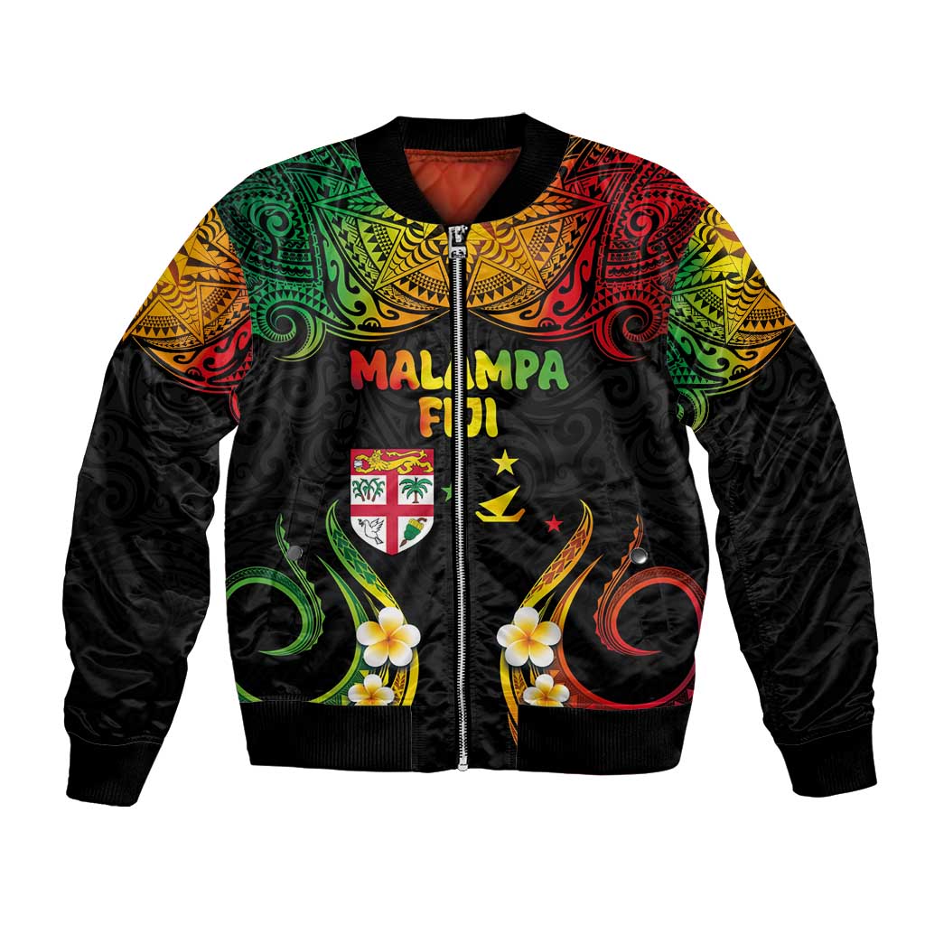 Personalised Malampa Fiji Day Bomber Jacket Polynesian Tattoo and Plumeria Reggae Color