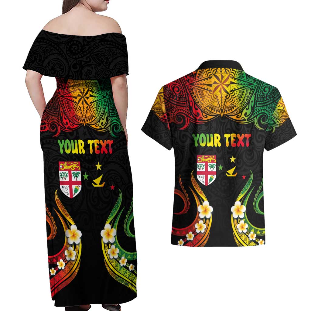 Personalised Malampa Fiji Day Couples Matching Off Shoulder Maxi Dress and Hawaiian Shirt Polynesian Tattoo and Plumeria Reggae Color LT03 - Polynesian Pride