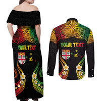 Personalised Malampa Fiji Day Couples Matching Off Shoulder Maxi Dress and Long Sleeve Button Shirt Polynesian Tattoo and Plumeria Reggae Color LT03 - Polynesian Pride