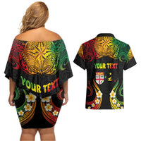 Personalised Malampa Fiji Day Couples Matching Off Shoulder Short Dress and Hawaiian Shirt Polynesian Tattoo and Plumeria Reggae Color LT03 - Polynesian Pride