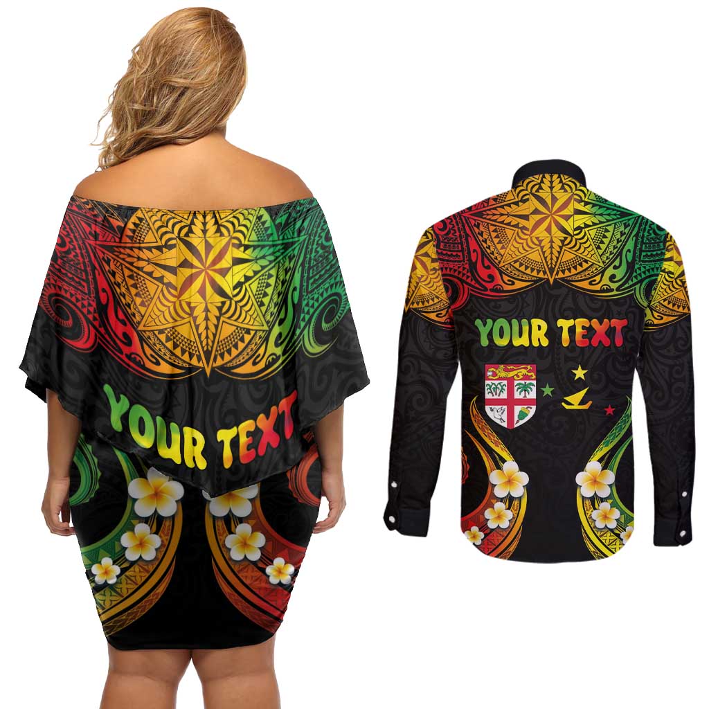 Personalised Malampa Fiji Day Couples Matching Off Shoulder Short Dress and Long Sleeve Button Shirt Polynesian Tattoo and Plumeria Reggae Color LT03 - Polynesian Pride