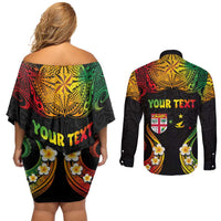 Personalised Malampa Fiji Day Couples Matching Off Shoulder Short Dress and Long Sleeve Button Shirt Polynesian Tattoo and Plumeria Reggae Color LT03 - Polynesian Pride