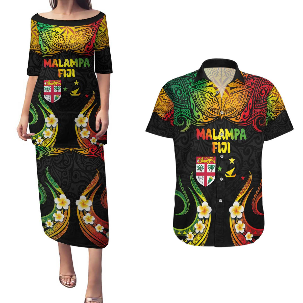 Personalised Malampa Fiji Day Couples Matching Puletasi and Hawaiian Shirt Polynesian Tattoo and Plumeria Reggae Color LT03 Reggae - Polynesian Pride
