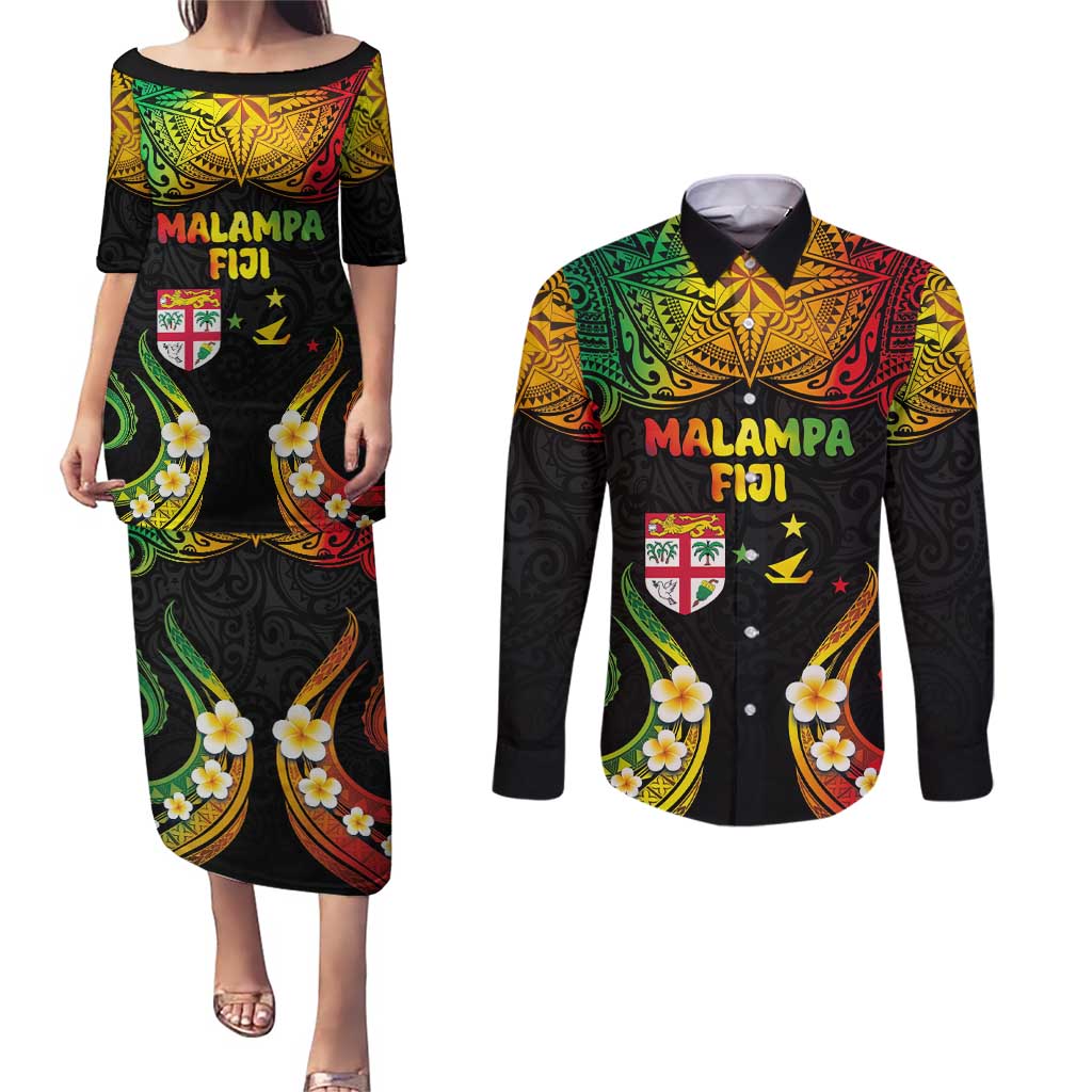 Personalised Malampa Fiji Day Couples Matching Puletasi and Long Sleeve Button Shirt Polynesian Tattoo and Plumeria Reggae Color LT03 Reggae - Polynesian Pride