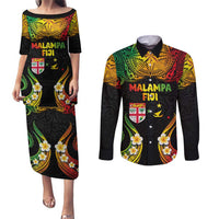 Personalised Malampa Fiji Day Couples Matching Puletasi and Long Sleeve Button Shirt Polynesian Tattoo and Plumeria Reggae Color LT03 Reggae - Polynesian Pride