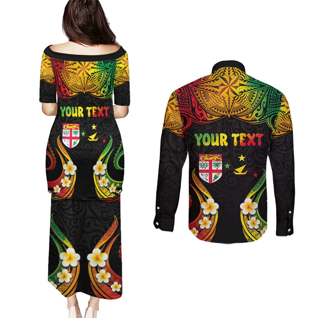Personalised Malampa Fiji Day Couples Matching Puletasi and Long Sleeve Button Shirt Polynesian Tattoo and Plumeria Reggae Color LT03 - Polynesian Pride