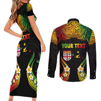 Personalised Malampa Fiji Day Couples Matching Short Sleeve Bodycon Dress and Long Sleeve Button Shirt Polynesian Tattoo and Plumeria Reggae Color LT03 - Polynesian Pride