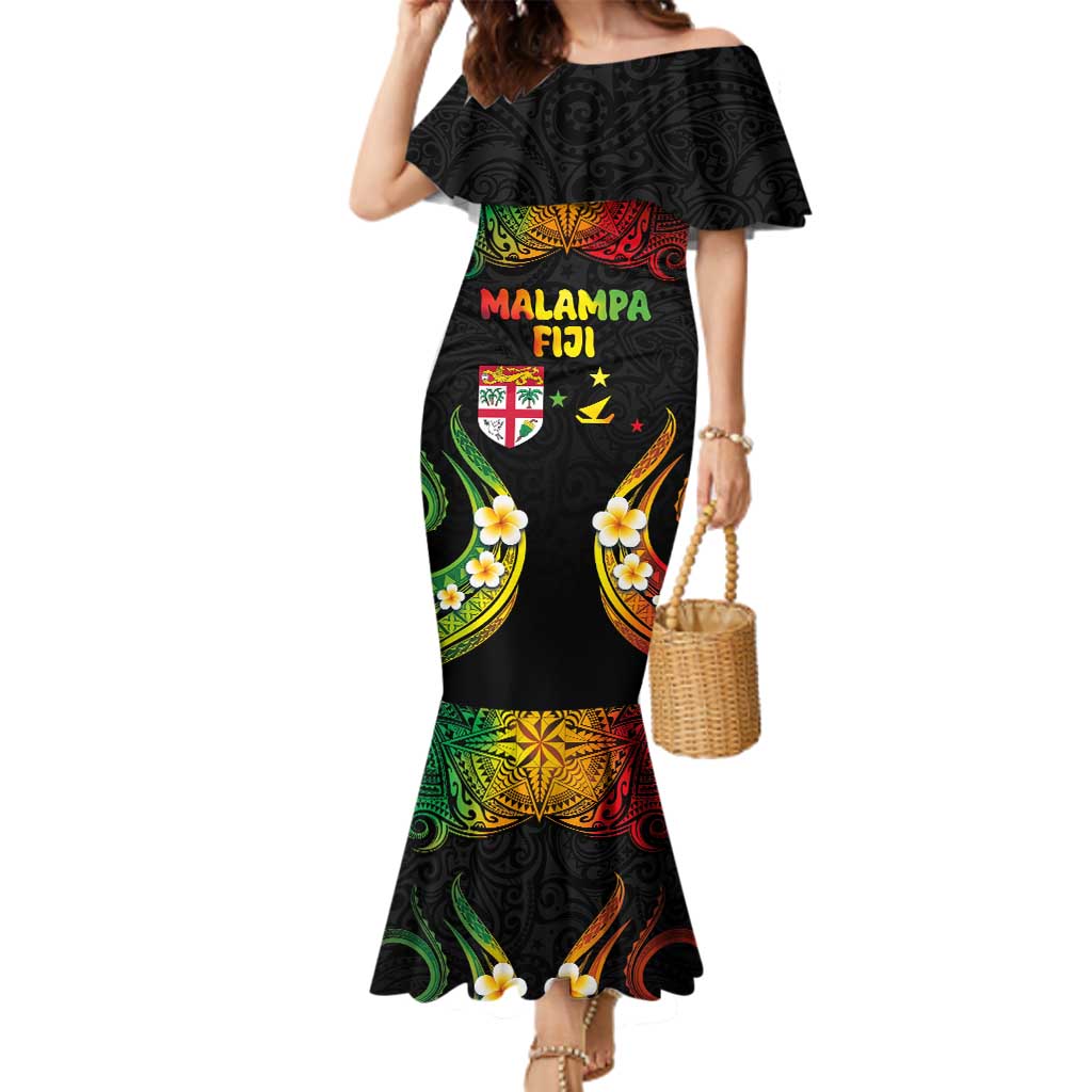 Personalised Malampa Fiji Day Family Matching Mermaid Dress and Hawaiian Shirt Polynesian Tattoo and Plumeria Reggae Color LT03 Mom's Dress Reggae - Polynesian Pride