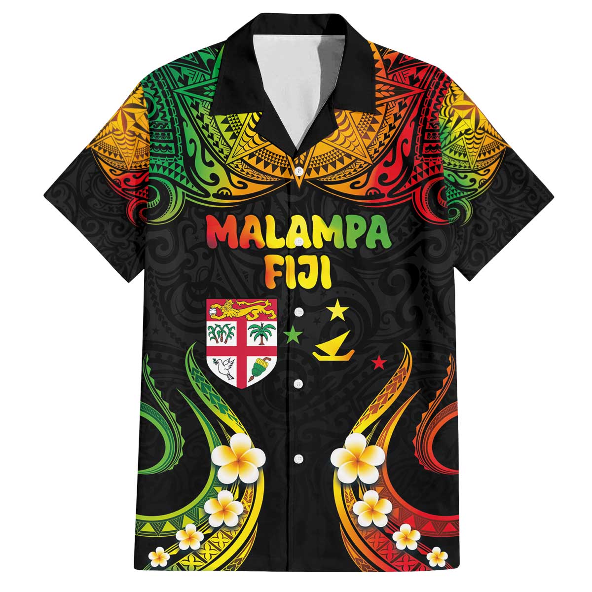 Personalised Malampa Fiji Day Family Matching Puletasi and Hawaiian Shirt Polynesian Tattoo and Plumeria Reggae Color LT03 Dad's Shirt - Short Sleeve Reggae - Polynesian Pride
