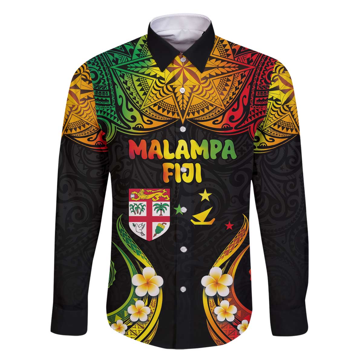 Personalised Malampa Fiji Day Family Matching Puletasi and Hawaiian Shirt Polynesian Tattoo and Plumeria Reggae Color LT03 Dad's Shirt - Long Sleeve Reggae - Polynesian Pride