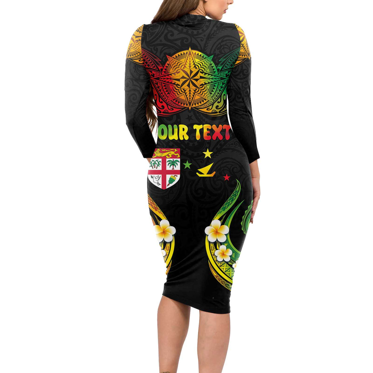 Personalised Malampa Fiji Day Long Sleeve Bodycon Dress Polynesian Tattoo and Plumeria Reggae Color LT03 - Polynesian Pride