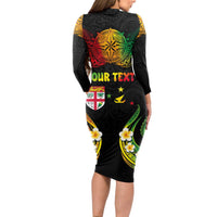 Personalised Malampa Fiji Day Long Sleeve Bodycon Dress Polynesian Tattoo and Plumeria Reggae Color LT03 - Polynesian Pride