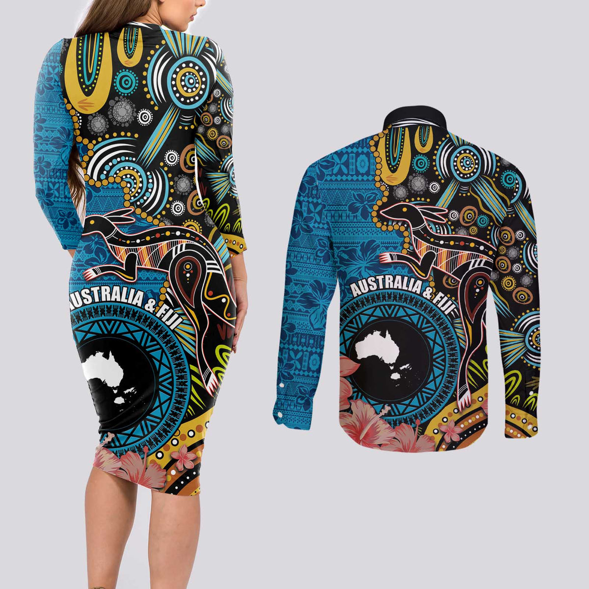Fiji and Australia Kangaroos Couples Matching Long Sleeve Bodycon Dress and Long Sleeve Button Shirt Indigenous Aboriginal and Fijian Masi Tribal Tattoo LT03 - Polynesian Pride