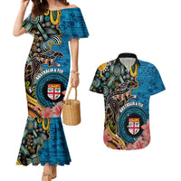 Fiji and Australia Kangaroos Couples Matching Mermaid Dress and Hawaiian Shirt Indigenous Aboriginal and Fijian Masi Tribal Tattoo LT03 Blue - Polynesian Pride