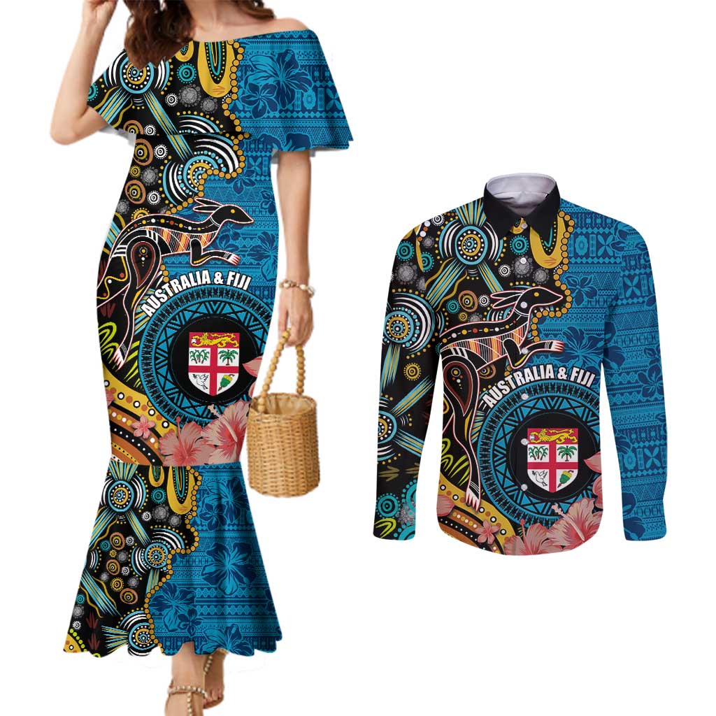 Fiji and Australia Kangaroos Couples Matching Mermaid Dress and Long Sleeve Button Shirt Indigenous Aboriginal and Fijian Masi Tribal Tattoo LT03 Blue - Polynesian Pride