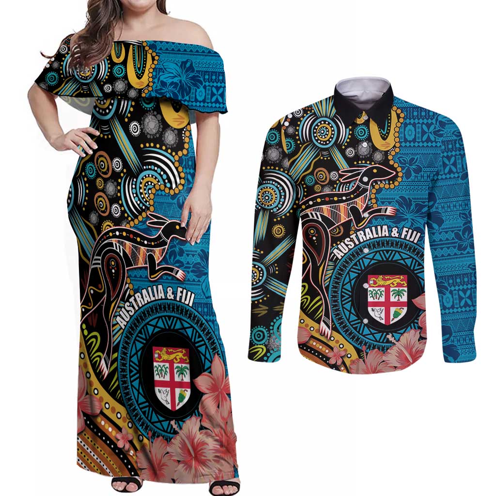 Fiji and Australia Kangaroos Couples Matching Off Shoulder Maxi Dress and Long Sleeve Button Shirt Indigenous Aboriginal and Fijian Masi Tribal Tattoo LT03 Blue - Polynesian Pride