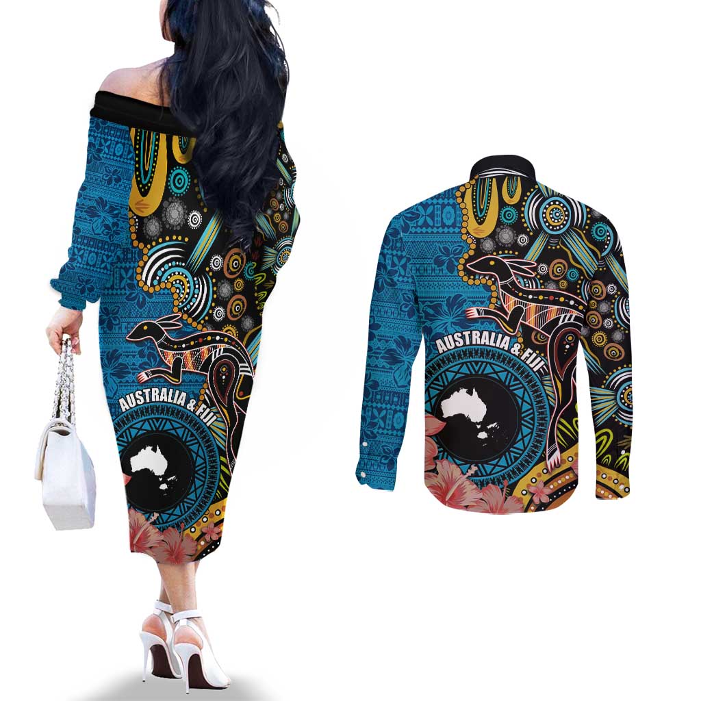 Fiji and Australia Kangaroos Couples Matching Off The Shoulder Long Sleeve Dress and Long Sleeve Button Shirt Indigenous Aboriginal and Fijian Masi Tribal Tattoo LT03 - Polynesian Pride