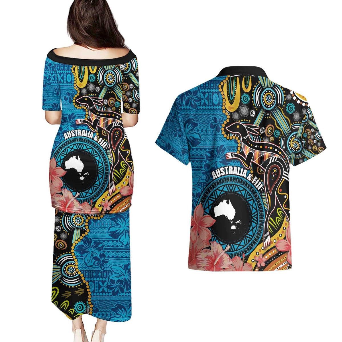 Fiji and Australia Kangaroos Couples Matching Puletasi and Hawaiian Shirt Indigenous Aboriginal and Fijian Masi Tribal Tattoo LT03 - Polynesian Pride