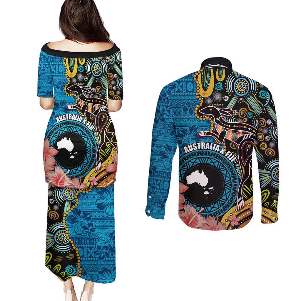 Fiji and Australia Kangaroos Couples Matching Puletasi and Long Sleeve Button Shirt Indigenous Aboriginal and Fijian Masi Tribal Tattoo LT03 - Polynesian Pride