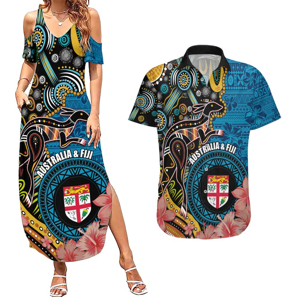 Fiji and Australia Kangaroos Couples Matching Summer Maxi Dress and Hawaiian Shirt Indigenous Aboriginal and Fijian Masi Tribal Tattoo LT03 Blue - Polynesian Pride