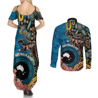 Fiji and Australia Kangaroos Couples Matching Summer Maxi Dress and Long Sleeve Button Shirt Indigenous Aboriginal and Fijian Masi Tribal Tattoo LT03 - Polynesian Pride