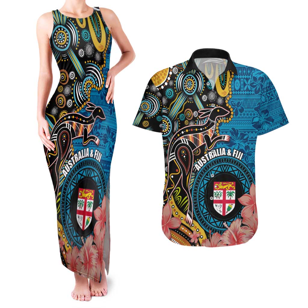 Fiji and Australia Kangaroos Couples Matching Tank Maxi Dress and Hawaiian Shirt Indigenous Aboriginal and Fijian Masi Tribal Tattoo LT03 Blue - Polynesian Pride