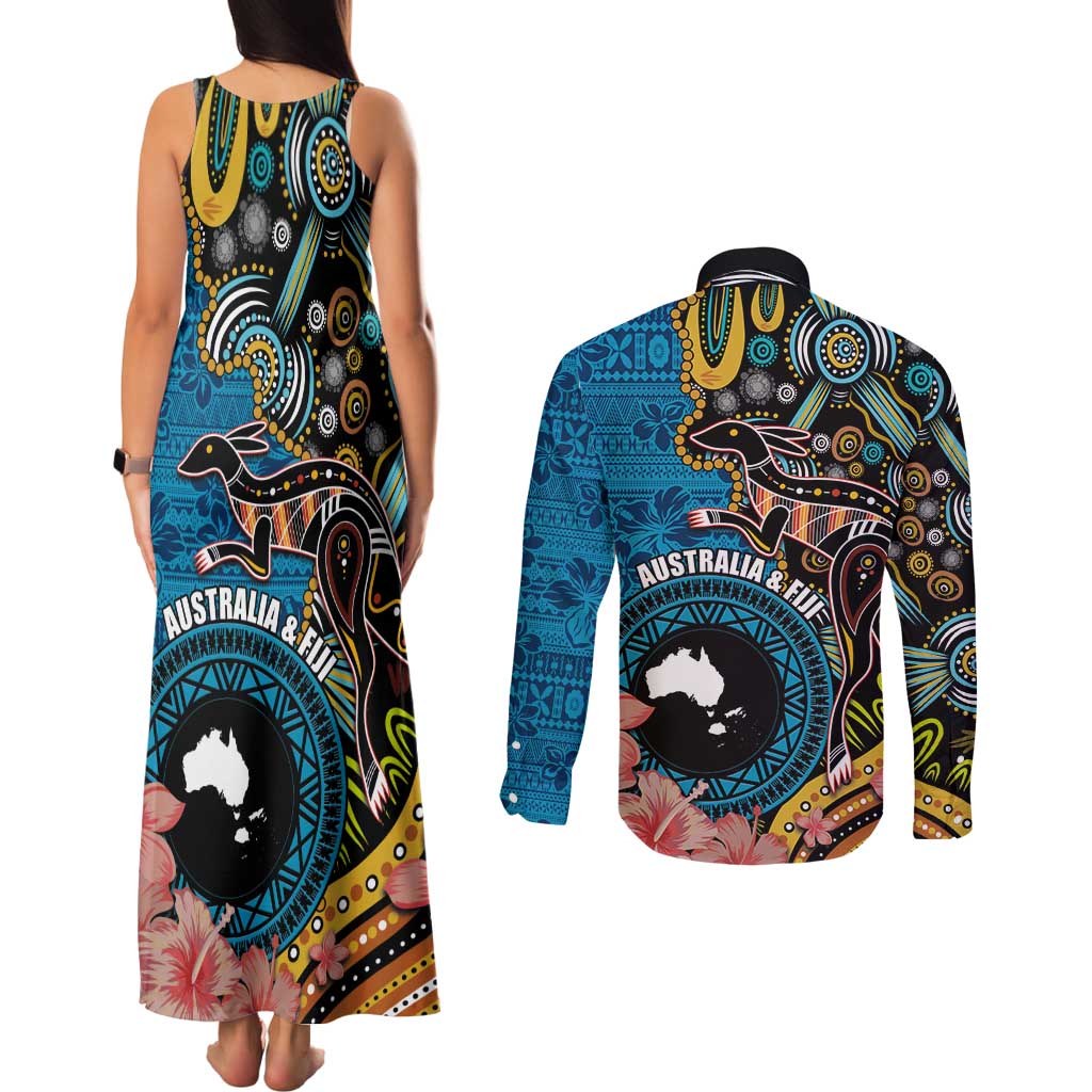 Fiji and Australia Kangaroos Couples Matching Tank Maxi Dress and Long Sleeve Button Shirt Indigenous Aboriginal and Fijian Masi Tribal Tattoo LT03 - Polynesian Pride