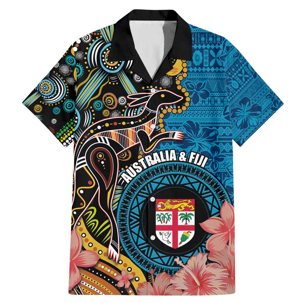 Fiji and Australia Kangaroos Family Matching Mermaid Dress and Hawaiian Shirt Indigenous Aboriginal and Fijian Masi Tribal Tattoo LT03 Dad's Shirt - Short Sleeve Blue - Polynesian Pride