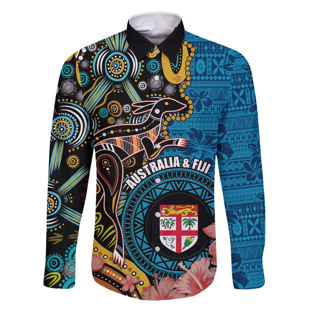 Fiji and Australia Kangaroos Family Matching Mermaid Dress and Hawaiian Shirt Indigenous Aboriginal and Fijian Masi Tribal Tattoo LT03 Dad's Shirt - Long Sleeve Blue - Polynesian Pride