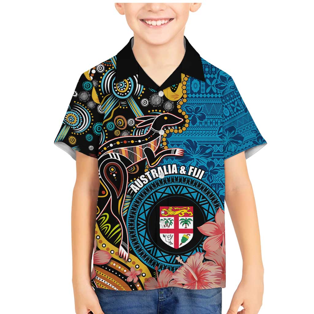 Fiji and Australia Kangaroos Family Matching Mermaid Dress and Hawaiian Shirt Indigenous Aboriginal and Fijian Masi Tribal Tattoo LT03 Son's Shirt Blue - Polynesian Pride