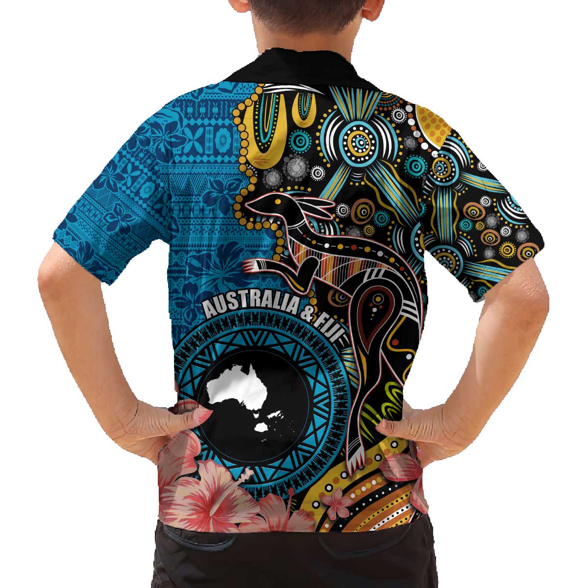 Fiji and Australia Kangaroos Family Matching Puletasi and Hawaiian Shirt Indigenous Aboriginal and Fijian Masi Tribal Tattoo LT03 - Polynesian Pride
