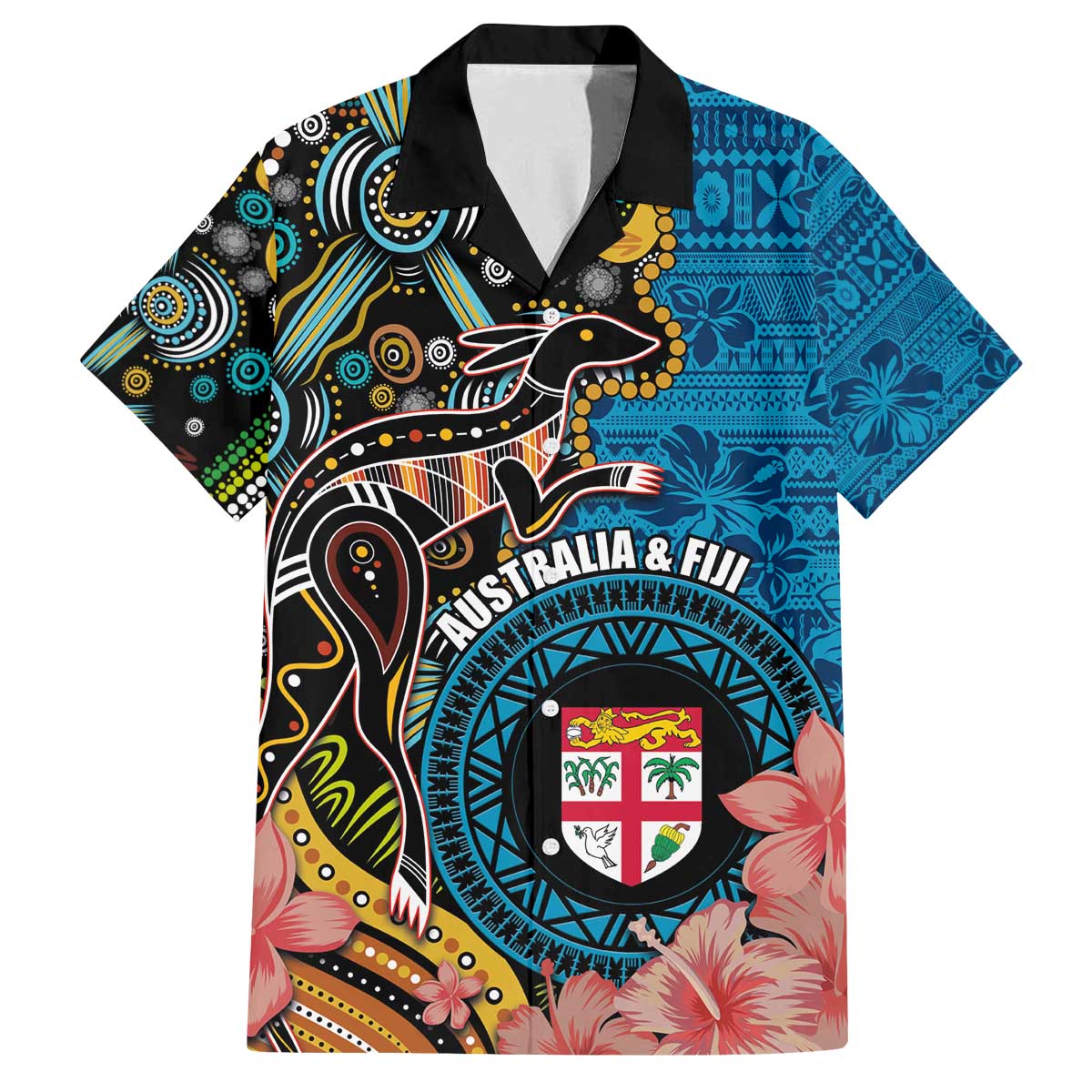 Fiji and Australia Kangaroos Family Matching Puletasi and Hawaiian Shirt Indigenous Aboriginal and Fijian Masi Tribal Tattoo LT03 Dad's Shirt - Short Sleeve Blue - Polynesian Pride