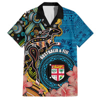 Fiji and Australia Kangaroos Family Matching Puletasi and Hawaiian Shirt Indigenous Aboriginal and Fijian Masi Tribal Tattoo LT03 Dad's Shirt - Short Sleeve Blue - Polynesian Pride