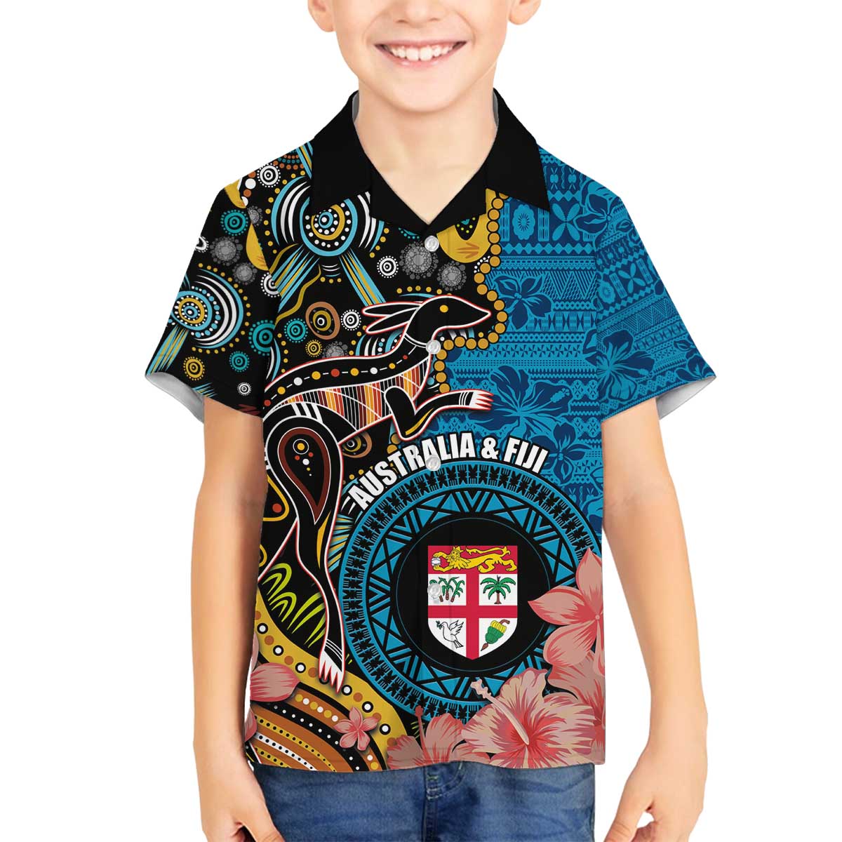 Fiji and Australia Kangaroos Family Matching Puletasi and Hawaiian Shirt Indigenous Aboriginal and Fijian Masi Tribal Tattoo LT03 Son's Shirt Blue - Polynesian Pride