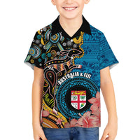 Fiji and Australia Kangaroos Family Matching Puletasi and Hawaiian Shirt Indigenous Aboriginal and Fijian Masi Tribal Tattoo LT03 Son's Shirt Blue - Polynesian Pride