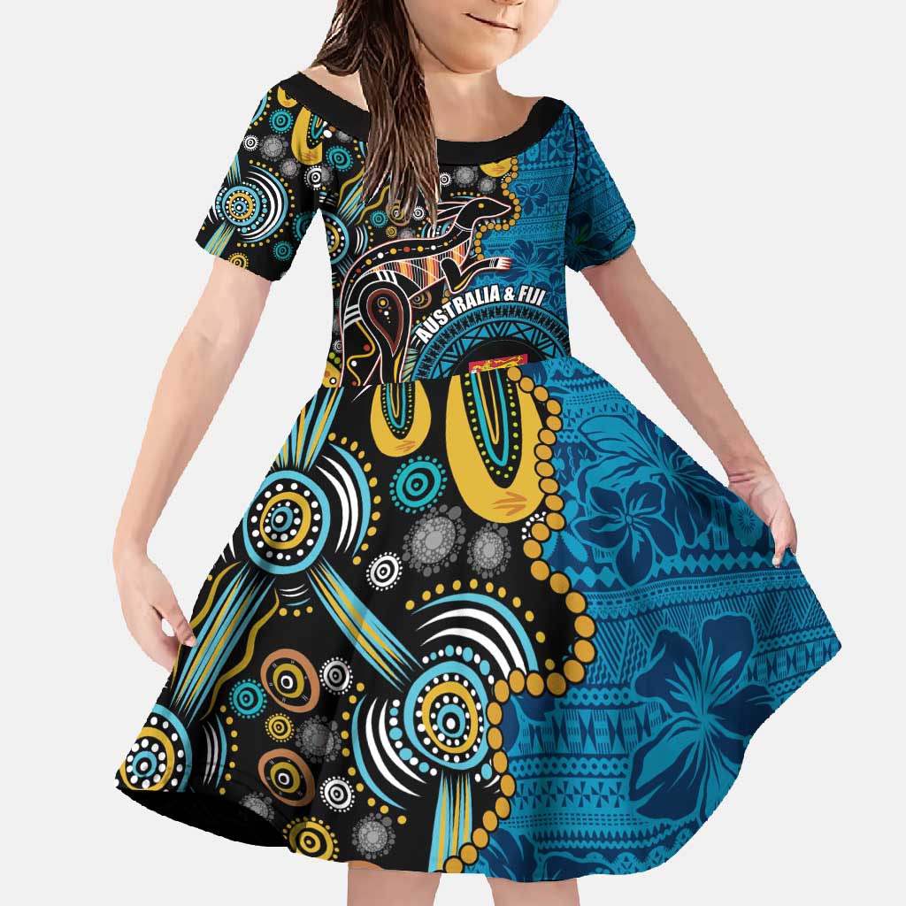 Fiji and Australia Kangaroos Family Matching Short Sleeve Bodycon Dress and Hawaiian Shirt Indigenous Aboriginal and Fijian Masi Tribal Tattoo LT03 Daughter's Dress Blue - Polynesian Pride
