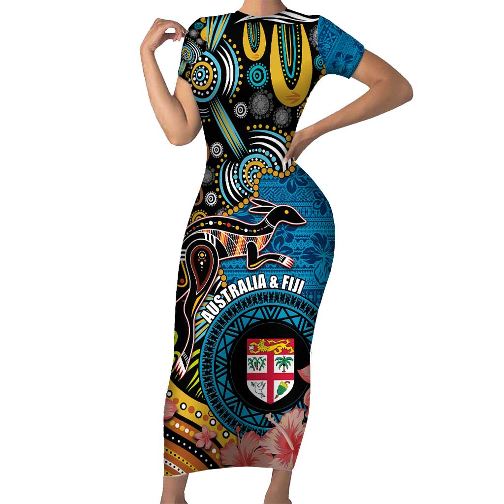 Fiji and Australia Kangaroos Family Matching Short Sleeve Bodycon Dress and Hawaiian Shirt Indigenous Aboriginal and Fijian Masi Tribal Tattoo LT03 Mom's Dress Blue - Polynesian Pride