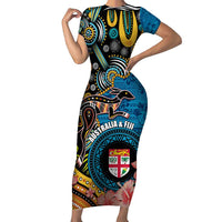 Fiji and Australia Kangaroos Family Matching Short Sleeve Bodycon Dress and Hawaiian Shirt Indigenous Aboriginal and Fijian Masi Tribal Tattoo LT03 Mom's Dress Blue - Polynesian Pride