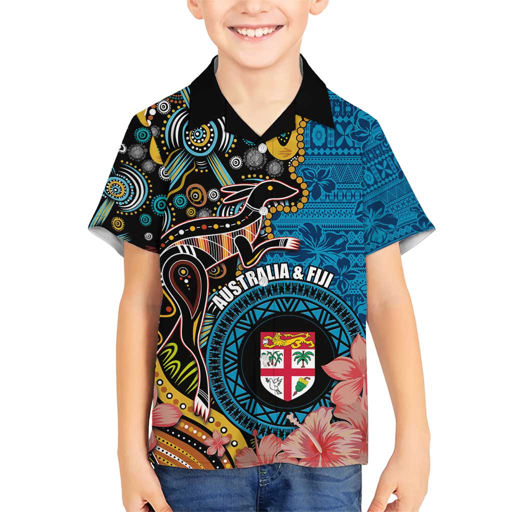 Fiji and Australia Kangaroos Family Matching Short Sleeve Bodycon Dress and Hawaiian Shirt Indigenous Aboriginal and Fijian Masi Tribal Tattoo LT03 Son's Shirt Blue - Polynesian Pride