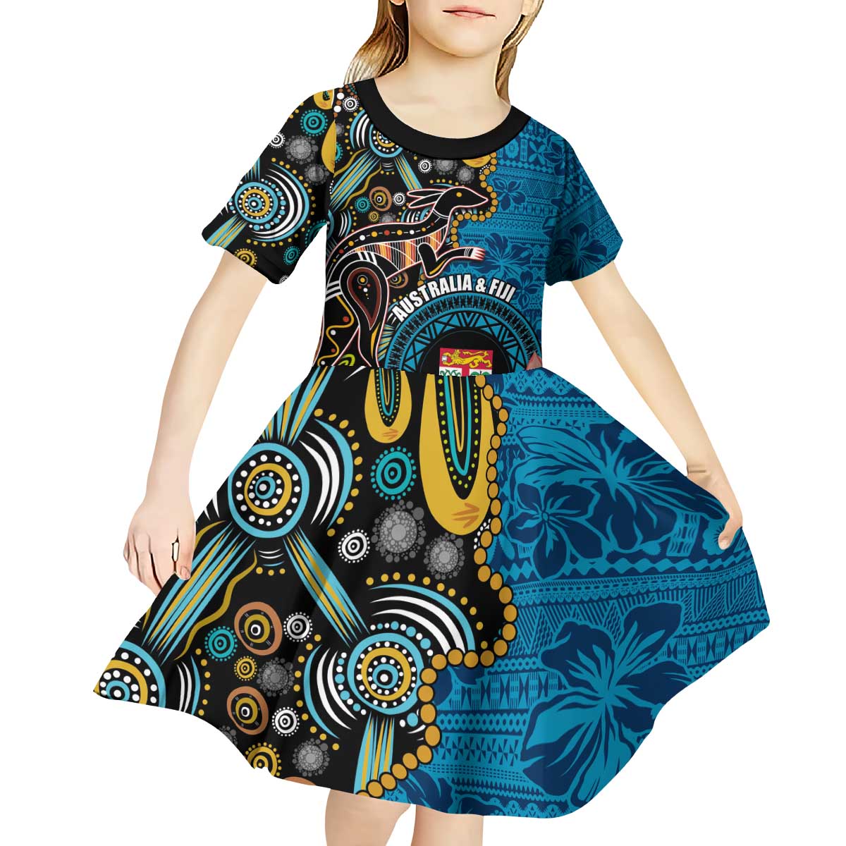 Fiji and Australia Kangaroos Kid Short Sleeve Dress Indigenous Aboriginal and Fijian Masi Tribal Tattoo
